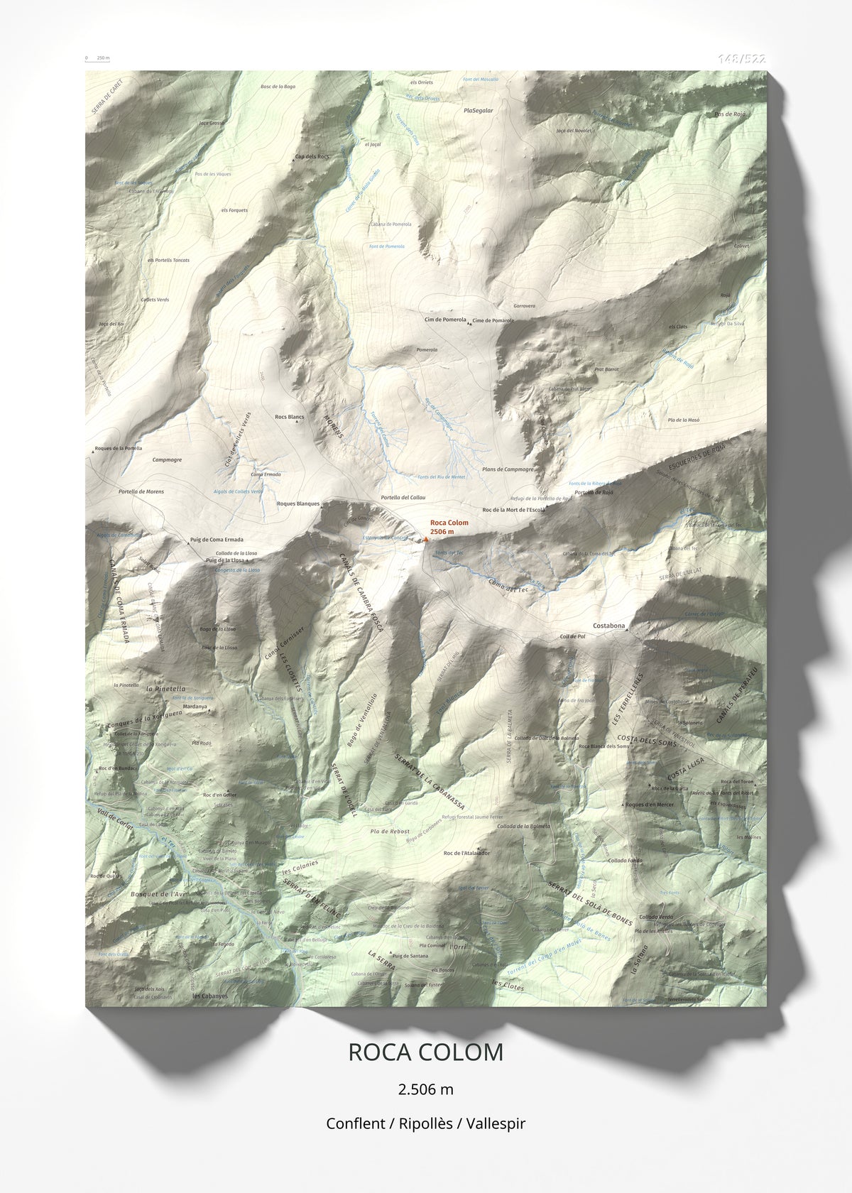 Mapa de relieve de Roca Colom, 2506 m, Conflent · Ripollès · Vallespir, lámina 100 Cims de Trobart 50 × 70 cm.