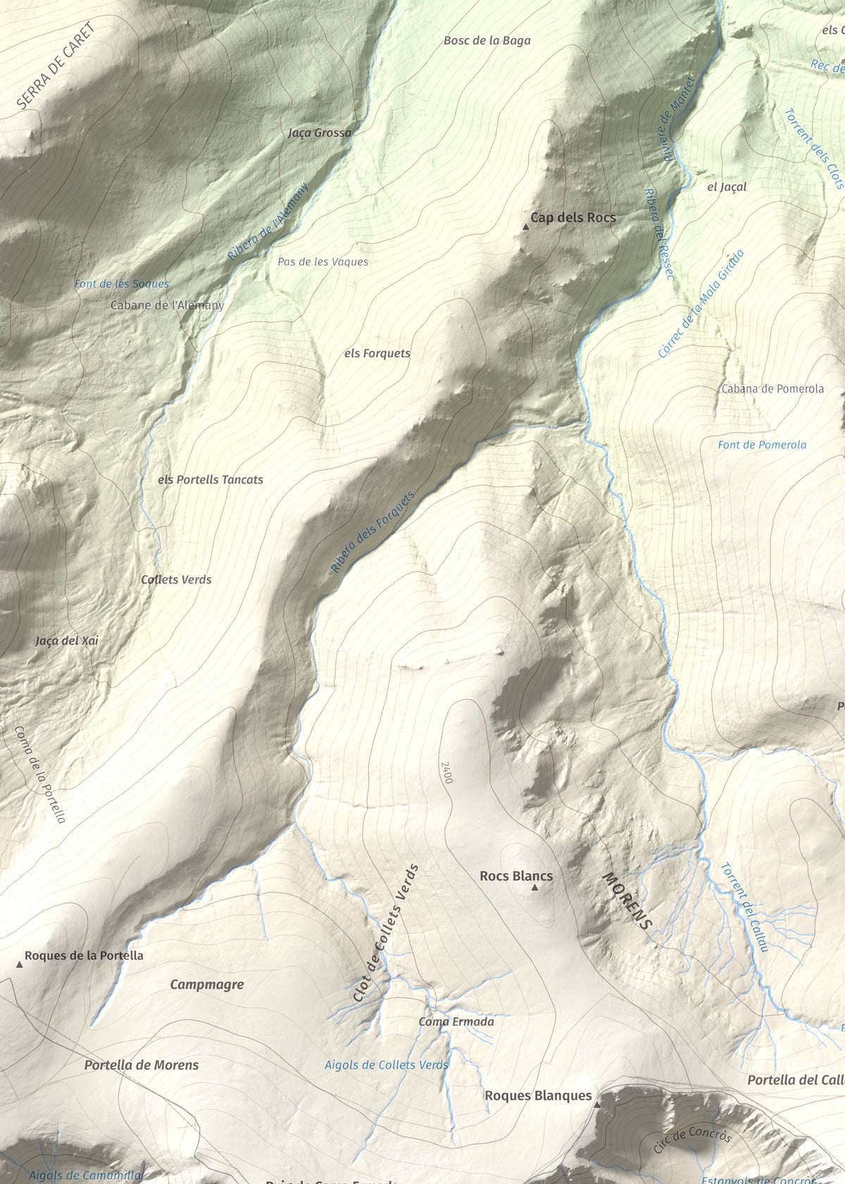 Mapa de relieve de Roca Colom, 2506 m, Conflent · Ripollès · Vallespir, lámina 100 Cims de Trobart. Detalle de la zona superior izquierda. 50 × 70 cm.
