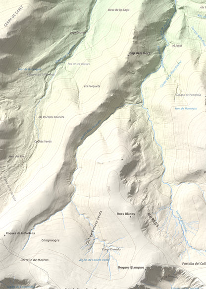 Mapa de relieve de Roca Colom, 2506 m, Conflent · Ripollès · Vallespir, lámina 100 Cims de Trobart. Detalle de la zona superior izquierda. 50 × 70 cm.