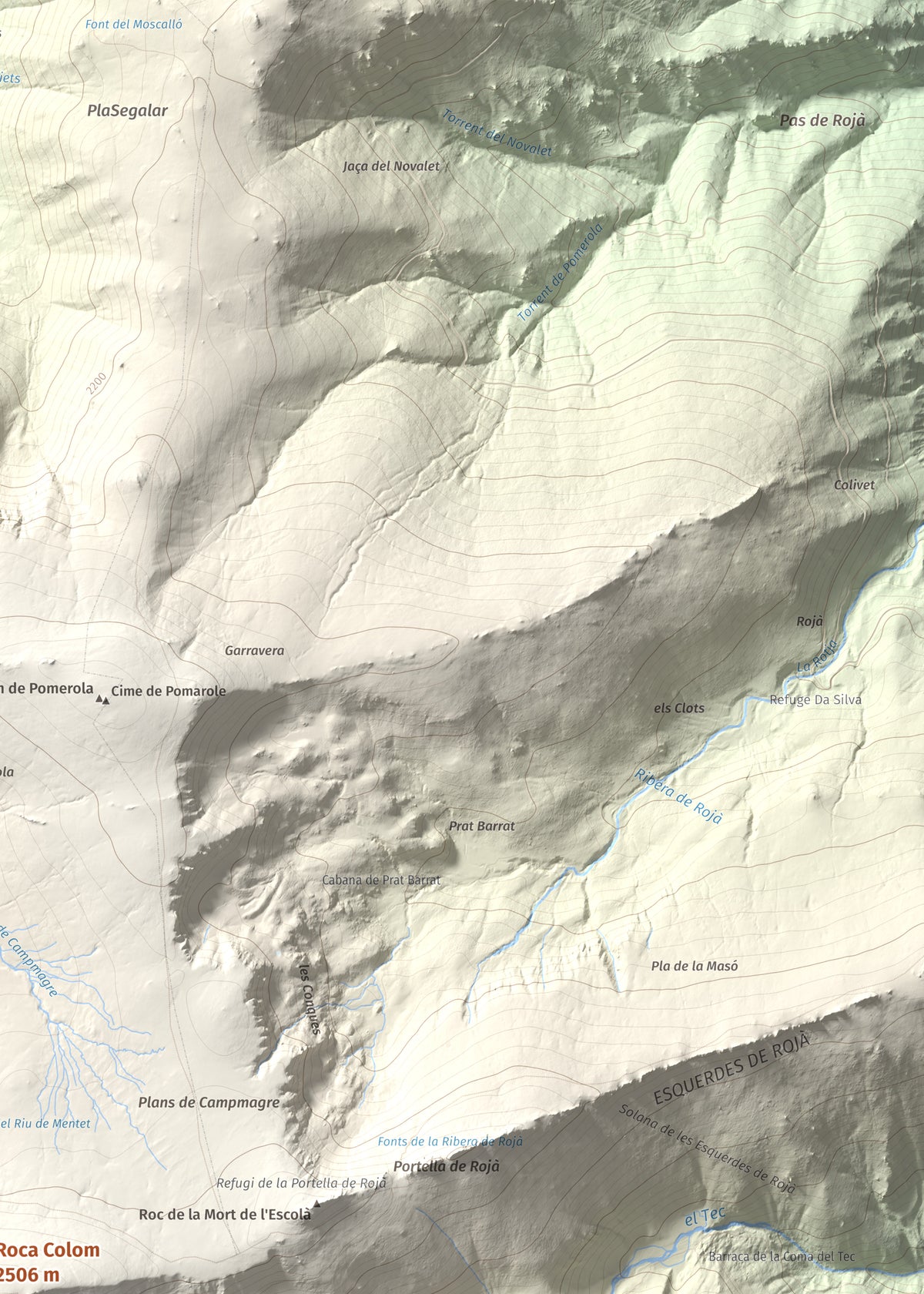 Mapa de relieve de Roca Colom, 2506 m, Conflent · Ripollès · Vallespir, lámina 100 Cims de Trobart. Detalle de la zona superior derecha. 50 × 70 cm.