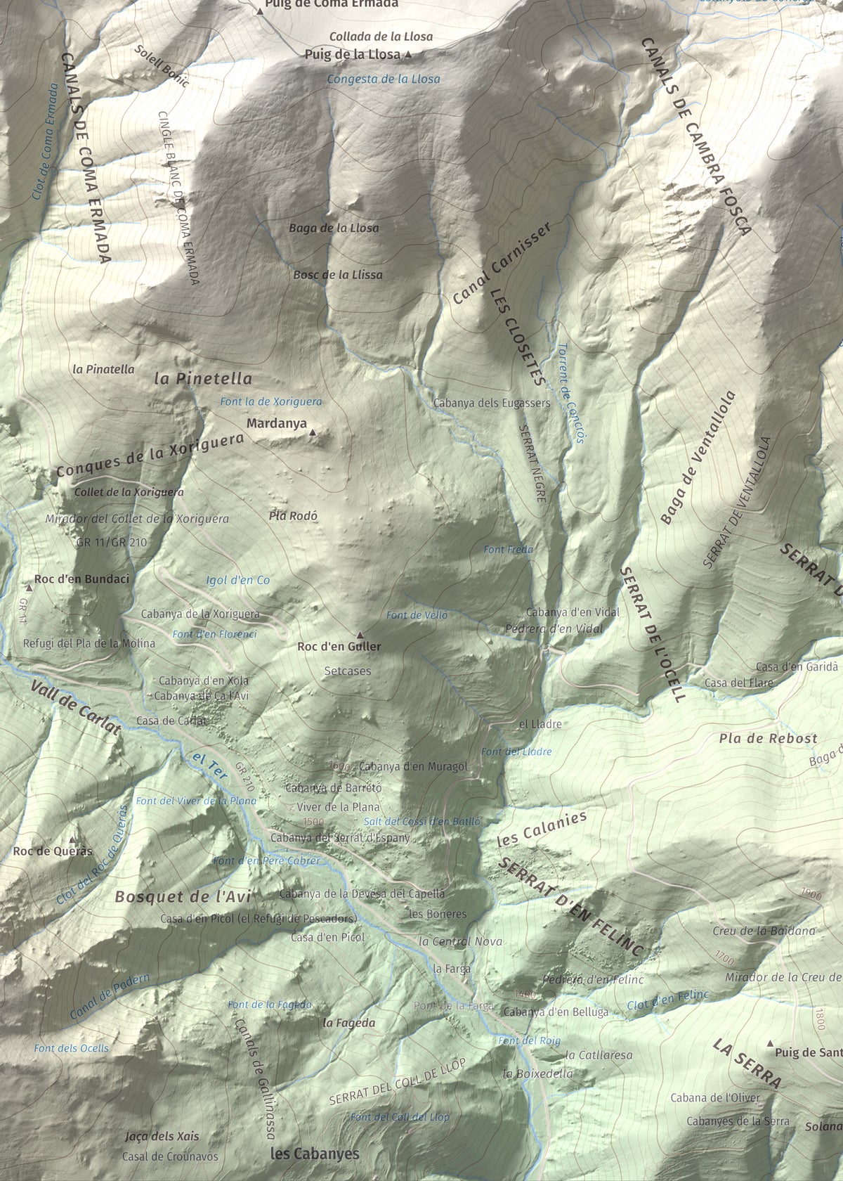 Mapa de relieve de Roca Colom, 2506 m, Conflent · Ripollès · Vallespir, lámina 100 Cims de Trobart. Detalle de la zona inferior izquierda. 50 × 70 cm.