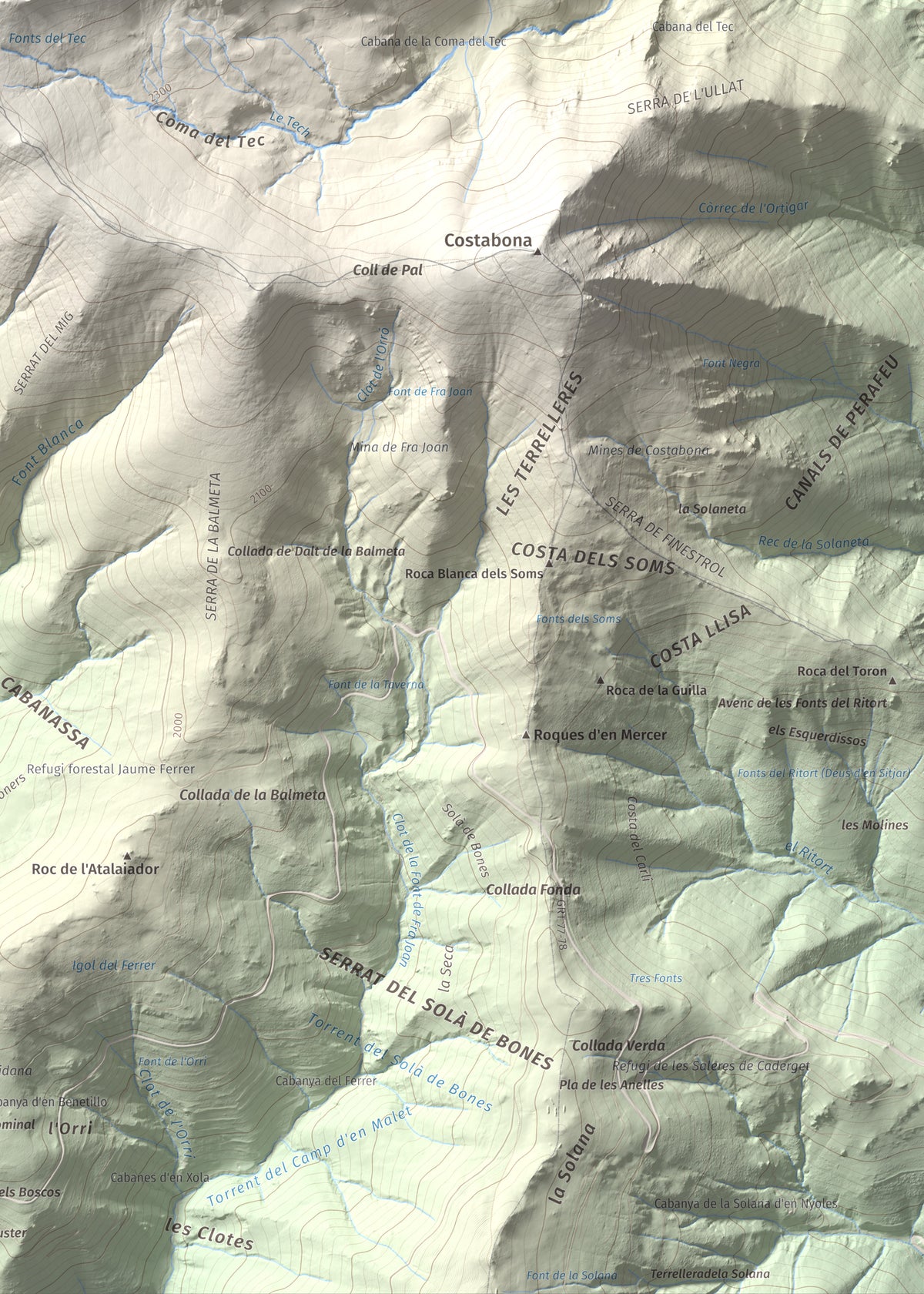 Mapa de relieve de Roca Colom, 2506 m, Conflent · Ripollès · Vallespir, lámina 100 Cims de Trobart. Detalle de la zona inferior derecha. 50 × 70 cm.