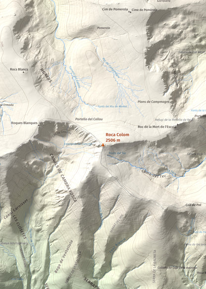 Mapa de relieve de Roca Colom, 2506 m, Conflent · Ripollès · Vallespir, lámina 100 Cims de Trobart. Detalle de la zona central. 50 × 70 cm.