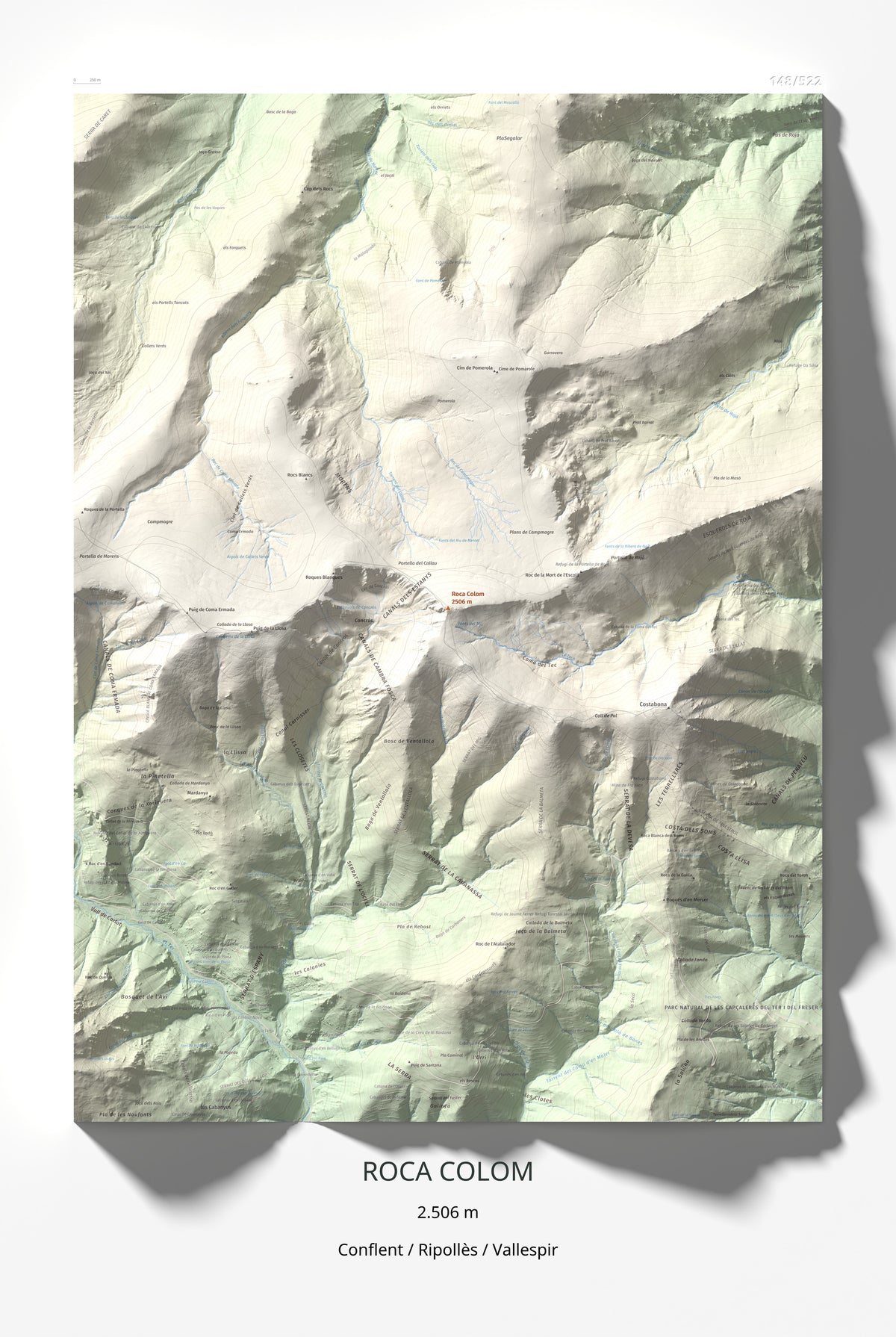 Mapa de relieve de Roca Colom, 2506 m, Conflent · Ripollès · Vallespir, lámina 100 Cims de Trobart 61 × 91 cm.