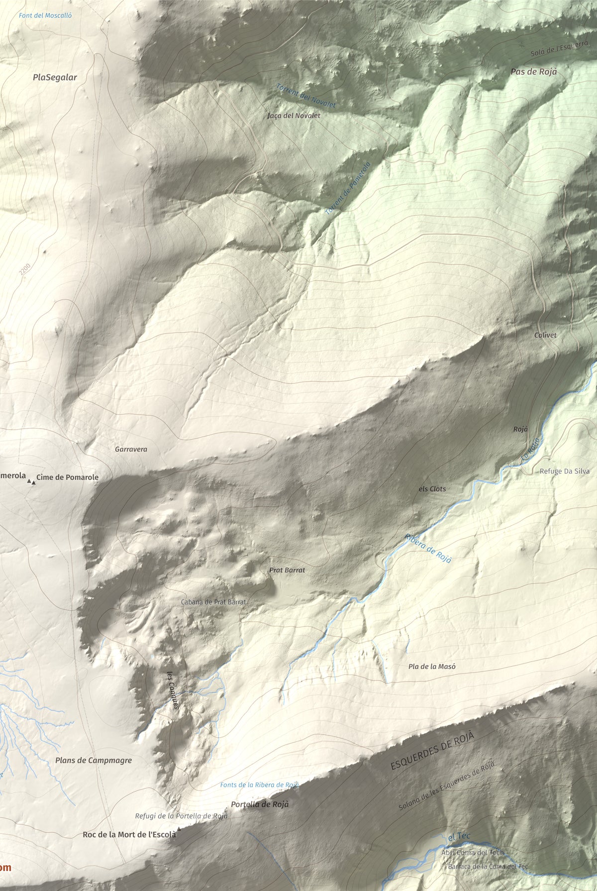 Mapa de relieve de Roca Colom, 2506 m, Conflent · Ripollès · Vallespir, lámina 100 Cims de Trobart. Detalle de la zona superior derecha. 61 × 91 cm.