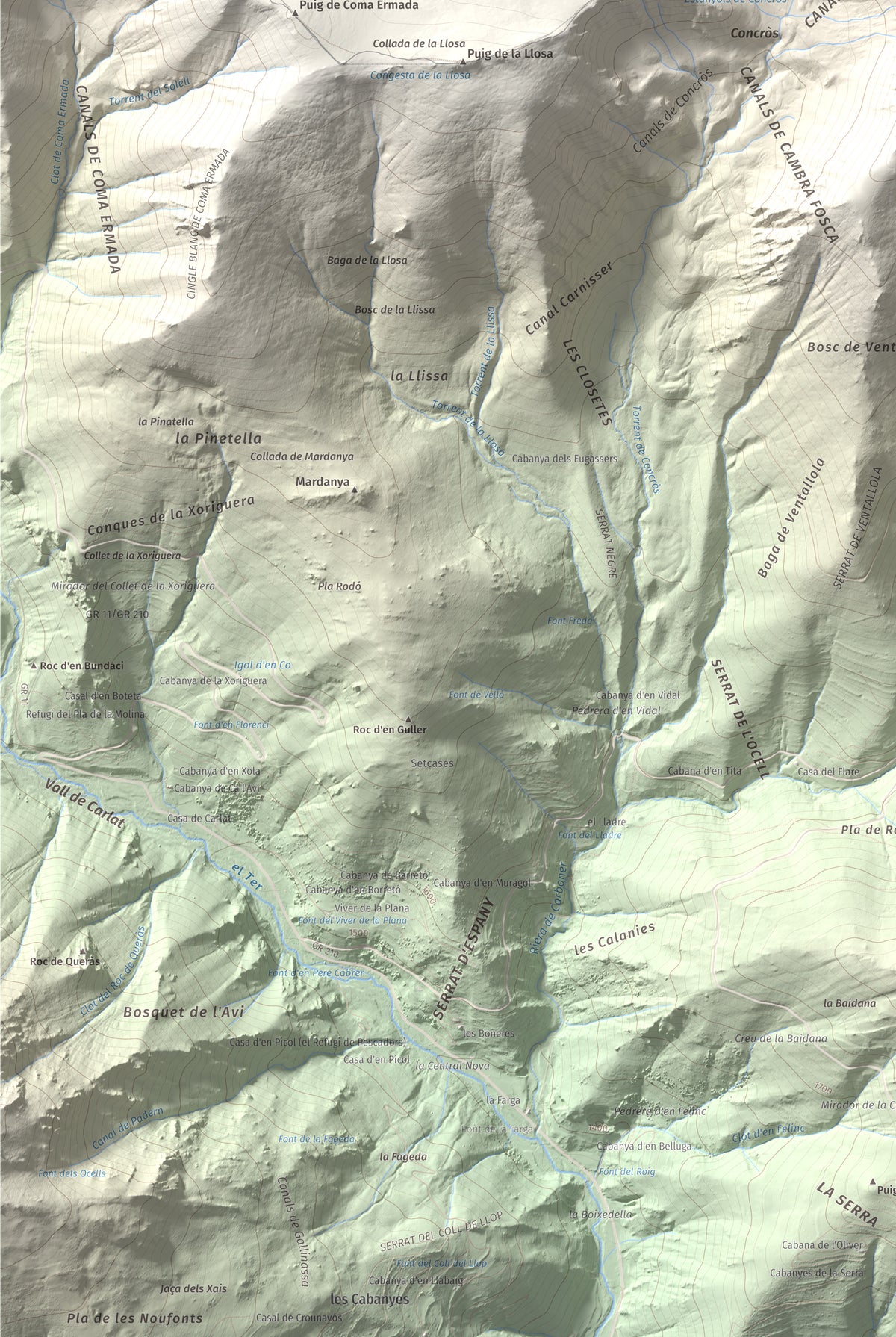 Mapa de relieve de Roca Colom, 2506 m, Conflent · Ripollès · Vallespir, lámina 100 Cims de Trobart. Detalle de la zona inferior izquierda. 61 × 91 cm.