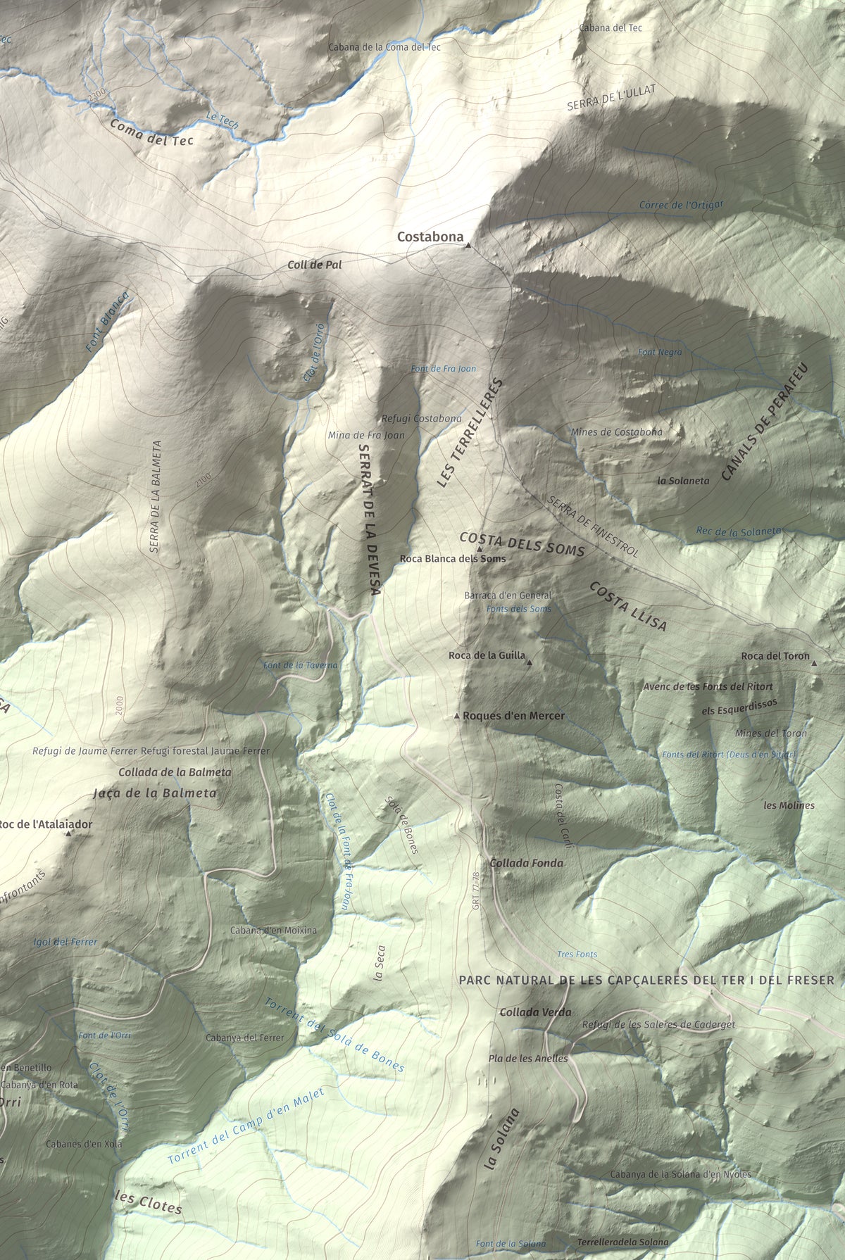 Mapa de relieve de Roca Colom, 2506 m, Conflent · Ripollès · Vallespir, lámina 100 Cims de Trobart. Detalle de la zona inferior derecha. 61 × 91 cm.