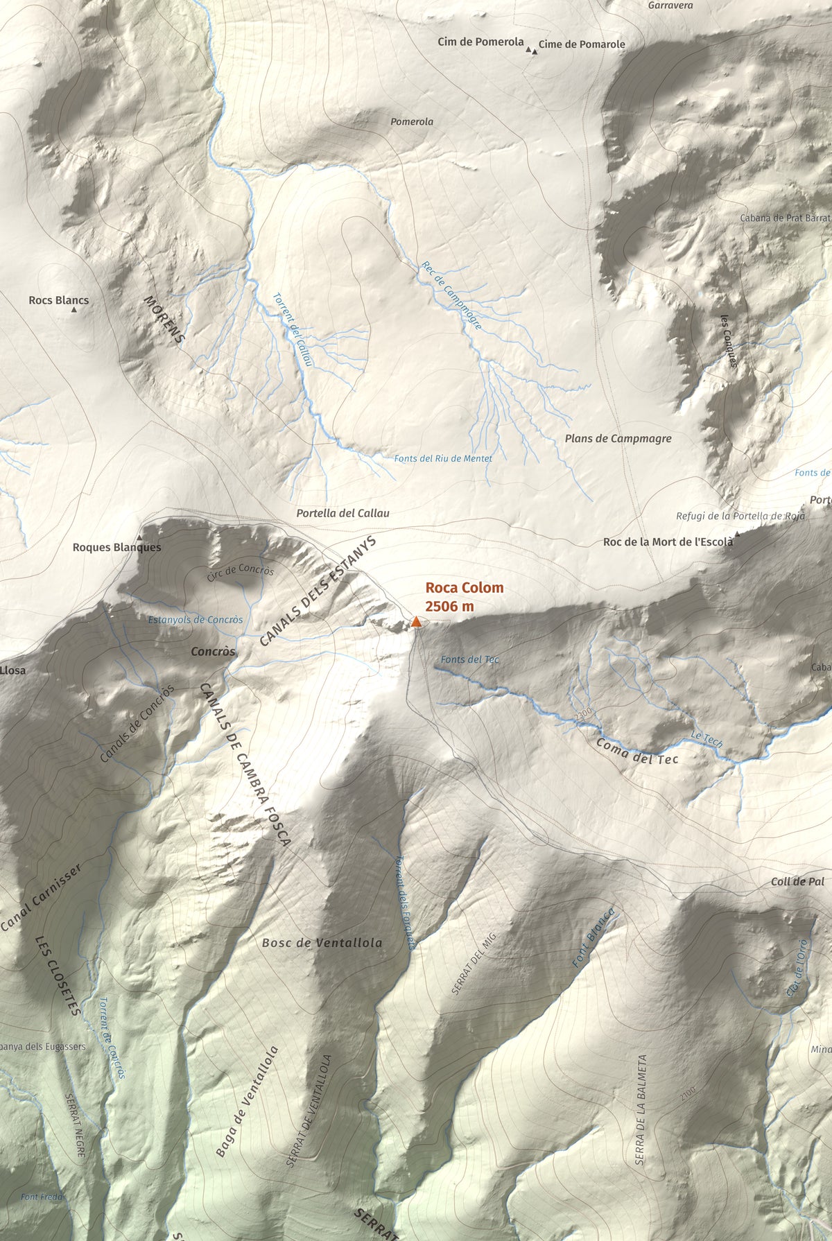 Mapa de relieve de Roca Colom, 2506 m, Conflent · Ripollès · Vallespir, lámina 100 Cims de Trobart. Detalle de la zona central. 61 × 91 cm.