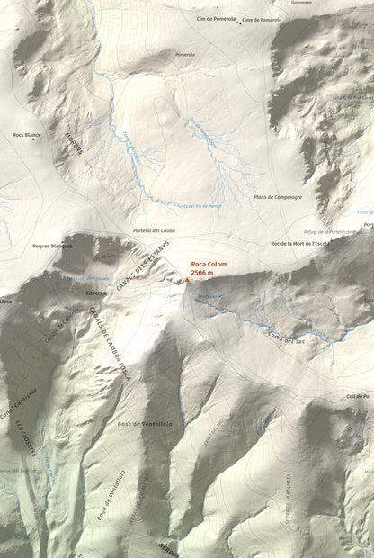 Mapa de relieve de Roca Colom, 2506 m, Conflent · Ripollès · Vallespir, lámina 100 Cims de Trobart. Detalle de la zona central. 61 × 91 cm.
