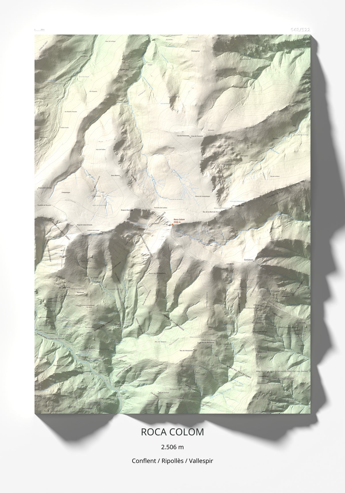 Mapa de relieve de Roca Colom, 2506 m, Conflent · Ripollès · Vallespir, lámina 100 Cims de Trobart 70 × 100 cm.