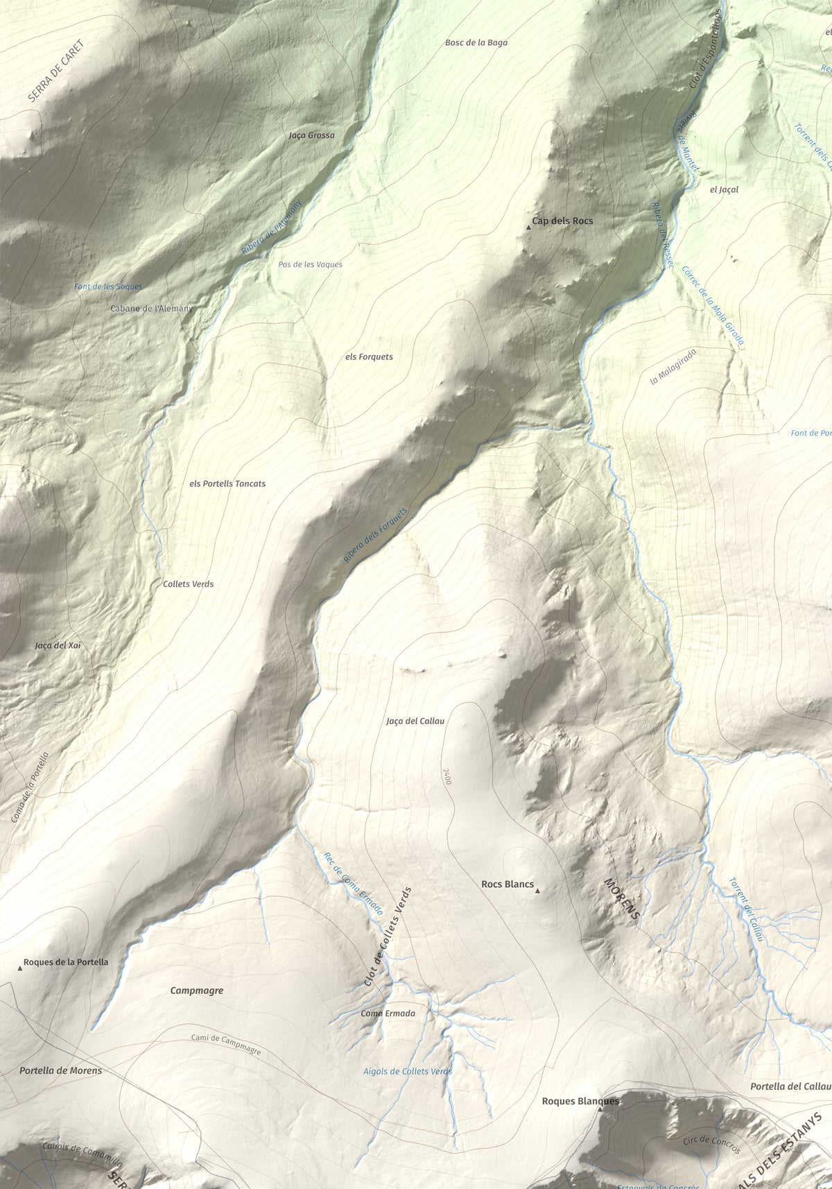 Mapa de relieve de Roca Colom, 2506 m, Conflent · Ripollès · Vallespir, lámina 100 Cims de Trobart. Detalle de la zona superior izquierda. 70 × 100 cm.