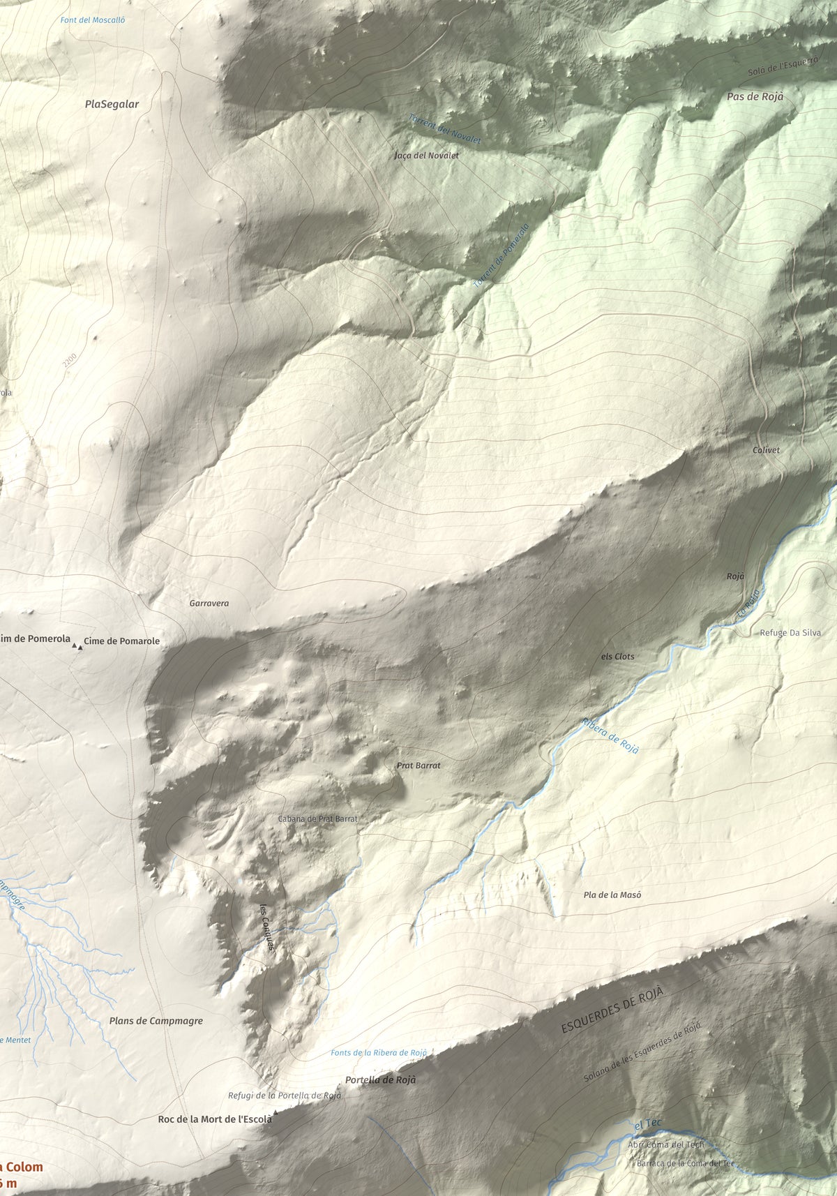 Mapa de relieve de Roca Colom, 2506 m, Conflent · Ripollès · Vallespir, lámina 100 Cims de Trobart. Detalle de la zona superior derecha. 70 × 100 cm.