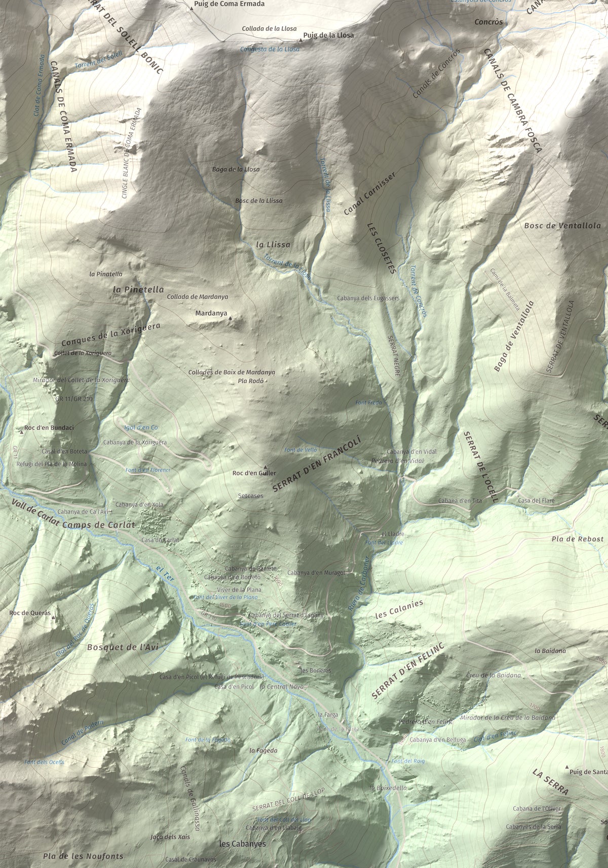 Mapa de relieve de Roca Colom, 2506 m, Conflent · Ripollès · Vallespir, lámina 100 Cims de Trobart. Detalle de la zona inferior izquierda. 70 × 100 cm.