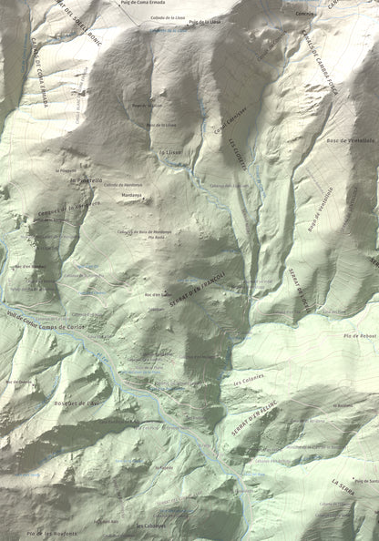 Mapa de relieve de Roca Colom, 2506 m, Conflent · Ripollès · Vallespir, lámina 100 Cims de Trobart. Detalle de la zona inferior izquierda. 70 × 100 cm.