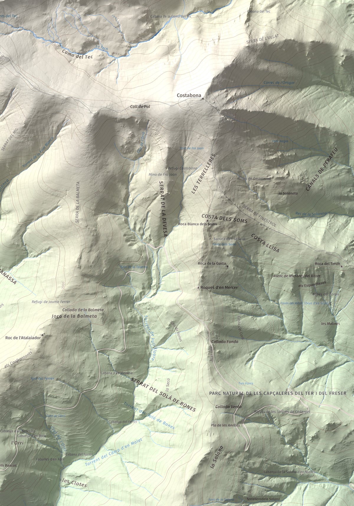 Mapa de relieve de Roca Colom, 2506 m, Conflent · Ripollès · Vallespir, lámina 100 Cims de Trobart. Detalle de la zona inferior derecha. 70 × 100 cm.
