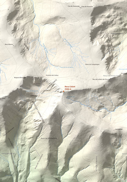 Mapa de relieve de Roca Colom, 2506 m, Conflent · Ripollès · Vallespir, lámina 100 Cims de Trobart. Detalle de la zona central. 70 × 100 cm.