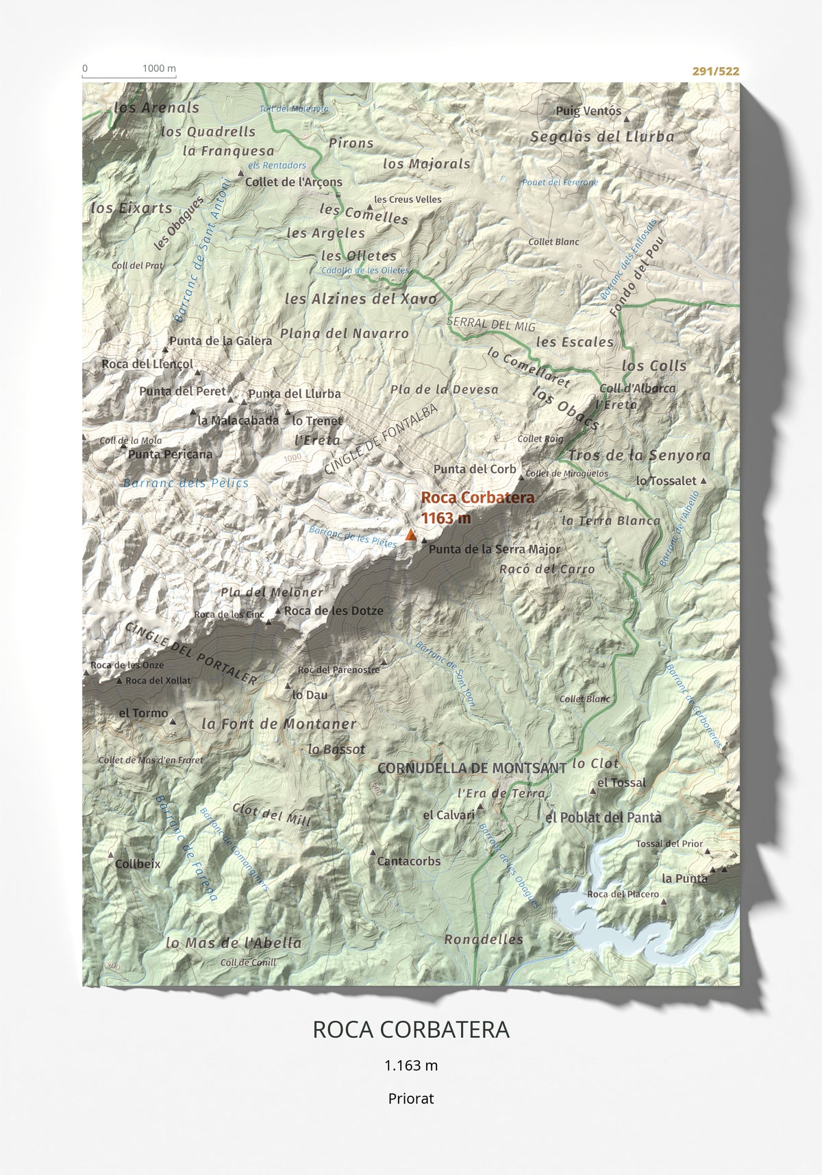 Mapa de relieve de Roca Corbatera, 1163 m, Priorat, lámina 100 Cims de Trobart 21 × 30 cm.