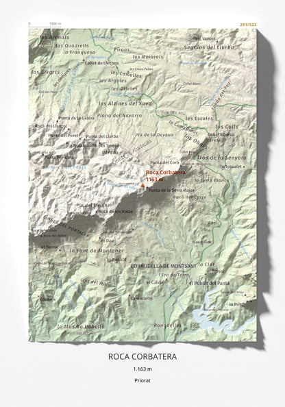 Mapa de relieve de Roca Corbatera, 1163 m, Priorat, lámina 100 Cims de Trobart 21 × 30 cm.
