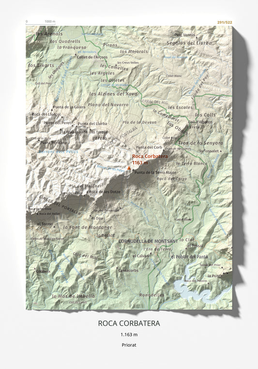 Mapa de relieve de Roca Corbatera, 1163 m, Priorat, lámina 100 Cims de Trobart 21 × 30 cm.