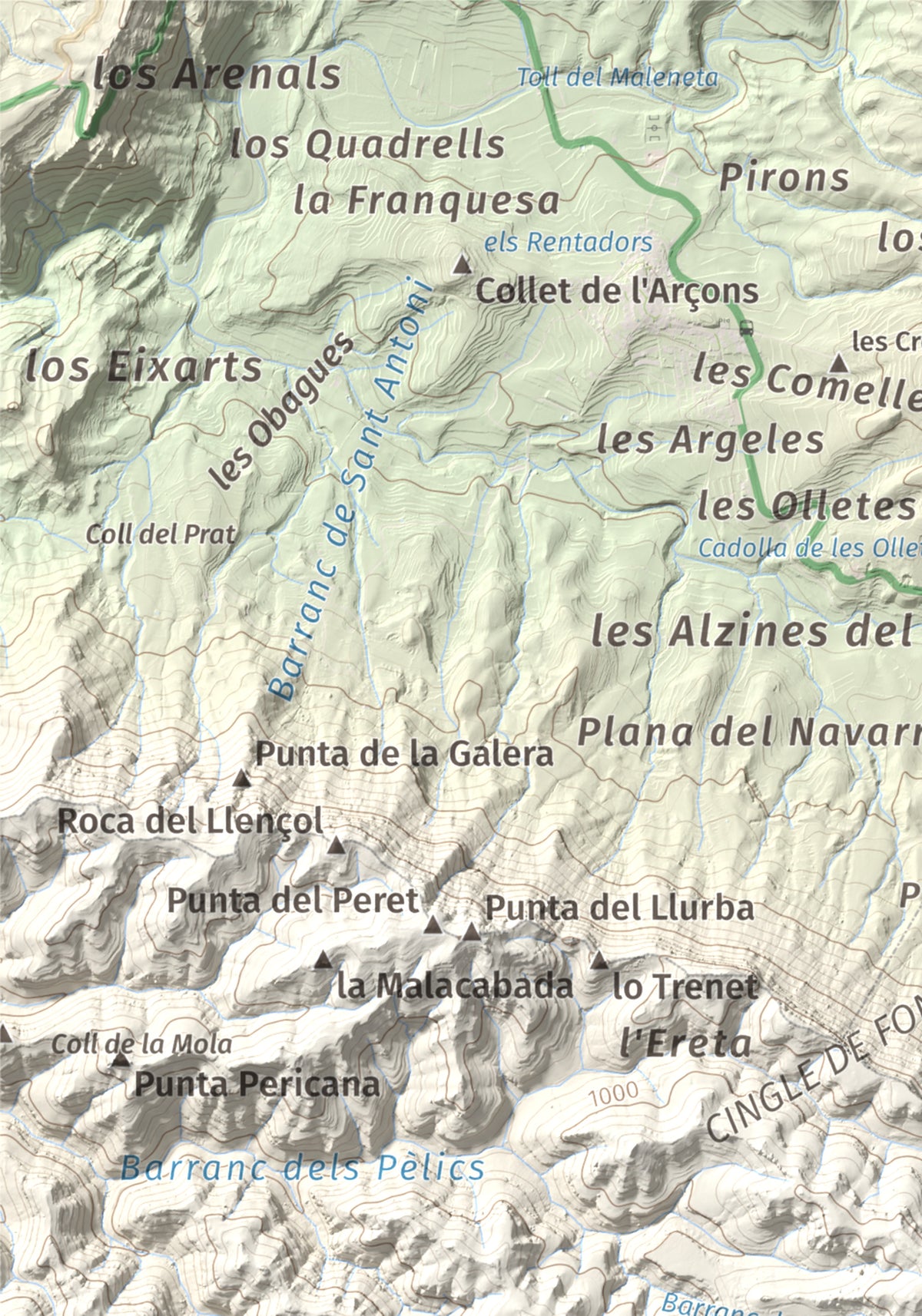 Mapa de relieve de Roca Corbatera, 1163 m, Priorat, lámina 100 Cims de Trobart. Detalle de la zona superior izquierda. 21 × 30 cm.