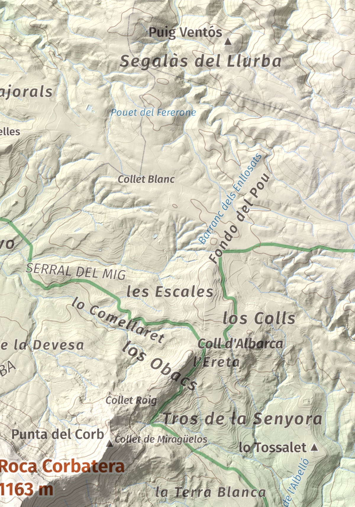 Mapa de relieve de Roca Corbatera, 1163 m, Priorat, lámina 100 Cims de Trobart. Detalle de la zona superior derecha. 21 × 30 cm.