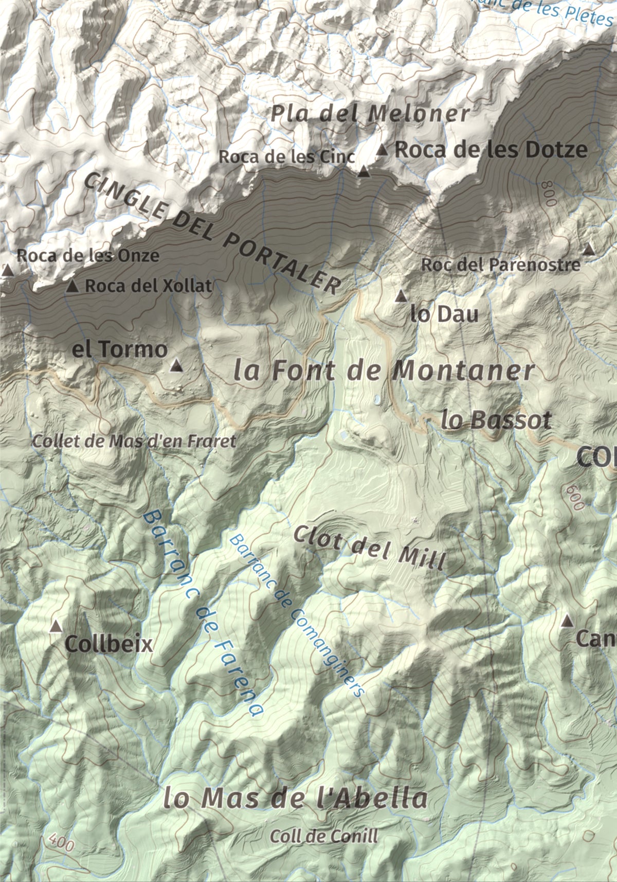 Mapa de relieve de Roca Corbatera, 1163 m, Priorat, lámina 100 Cims de Trobart. Detalle de la zona inferior izquierda. 21 × 30 cm.