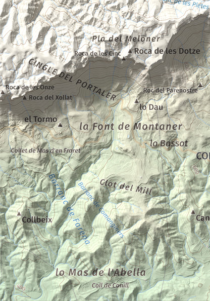 Mapa de relieve de Roca Corbatera, 1163 m, Priorat, lámina 100 Cims de Trobart. Detalle de la zona inferior izquierda. 21 × 30 cm.