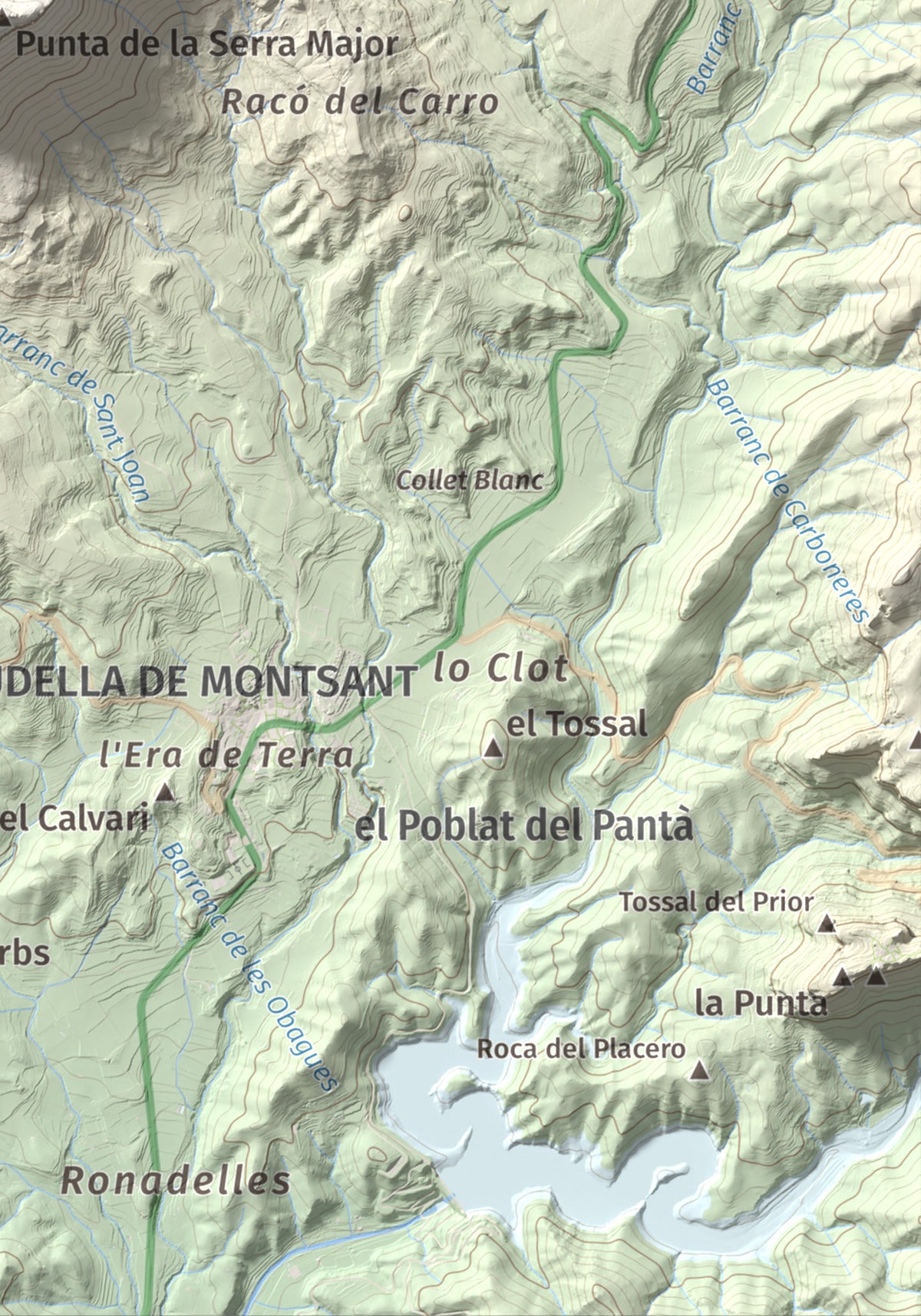 Mapa de relieve de Roca Corbatera, 1163 m, Priorat, lámina 100 Cims de Trobart. Detalle de la zona inferior derecha. 21 × 30 cm.