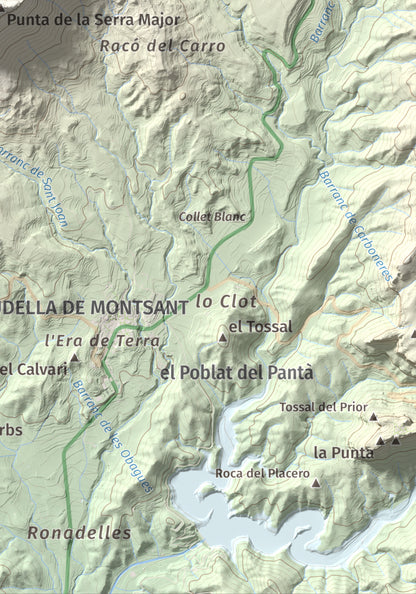 Mapa de relieve de Roca Corbatera, 1163 m, Priorat, lámina 100 Cims de Trobart. Detalle de la zona inferior derecha. 21 × 30 cm.