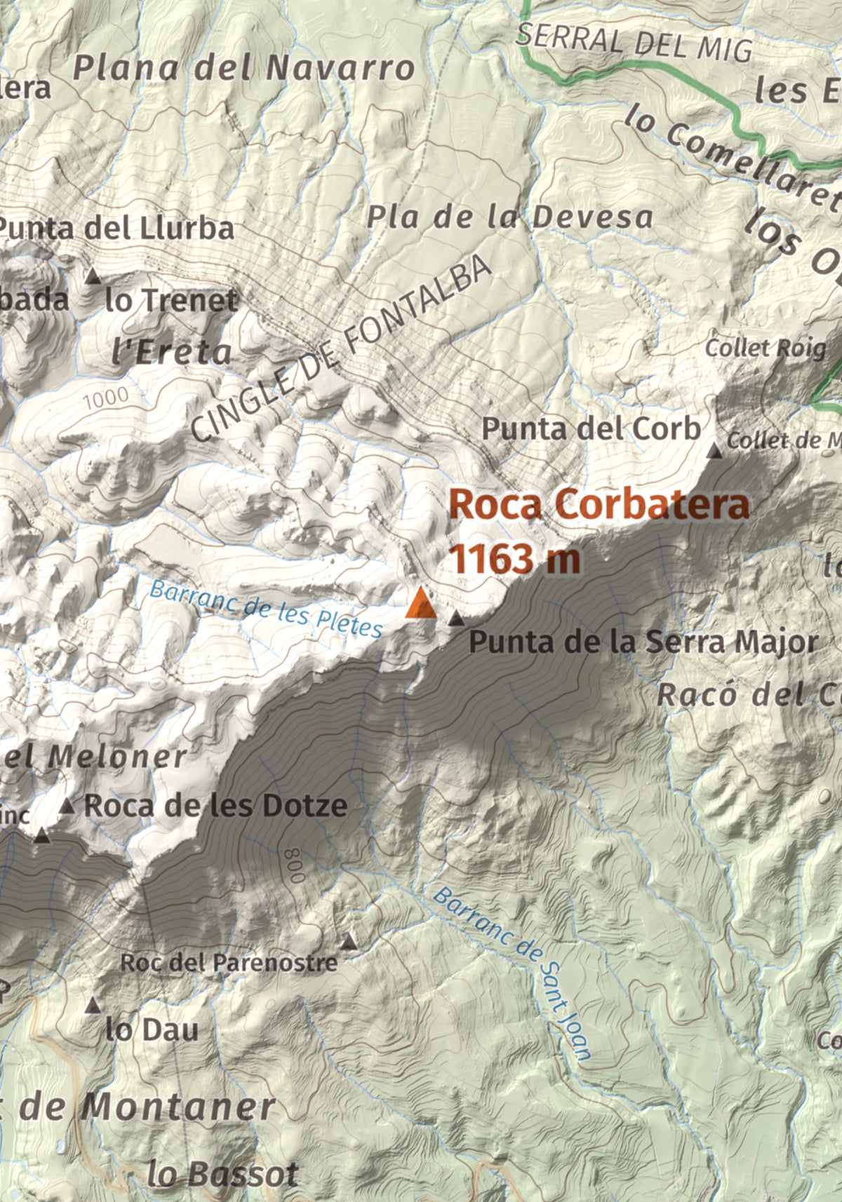 Mapa de relieve de Roca Corbatera, 1163 m, Priorat, lámina 100 Cims de Trobart. Detalle de la zona central. 21 × 30 cm.