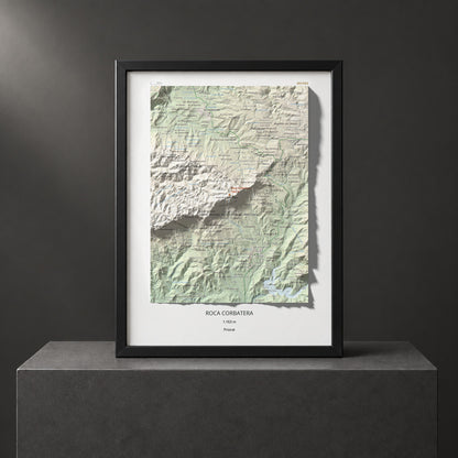 Mapa de relieve de Roca Corbatera, 1163 m, Priorat, lámina 100 Cims de Trobart. Presentación enmarcada. 30 × 40 cm.
