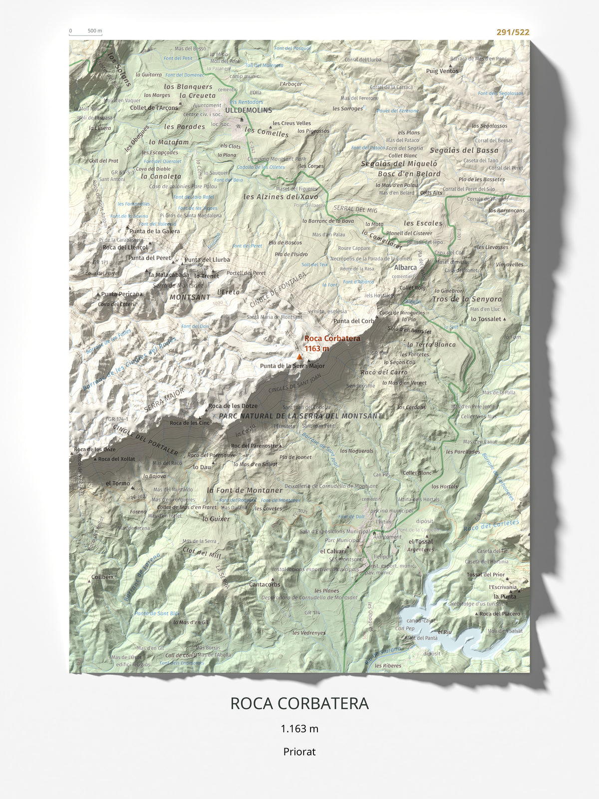 Mapa de relieve de Roca Corbatera, 1163 m, Priorat, lámina 100 Cims de Trobart 30 × 40 cm.