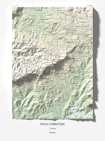 Mapa de relieve de Roca Corbatera, 1163 m, Priorat, lámina 100 Cims de Trobart 30 × 40 cm.