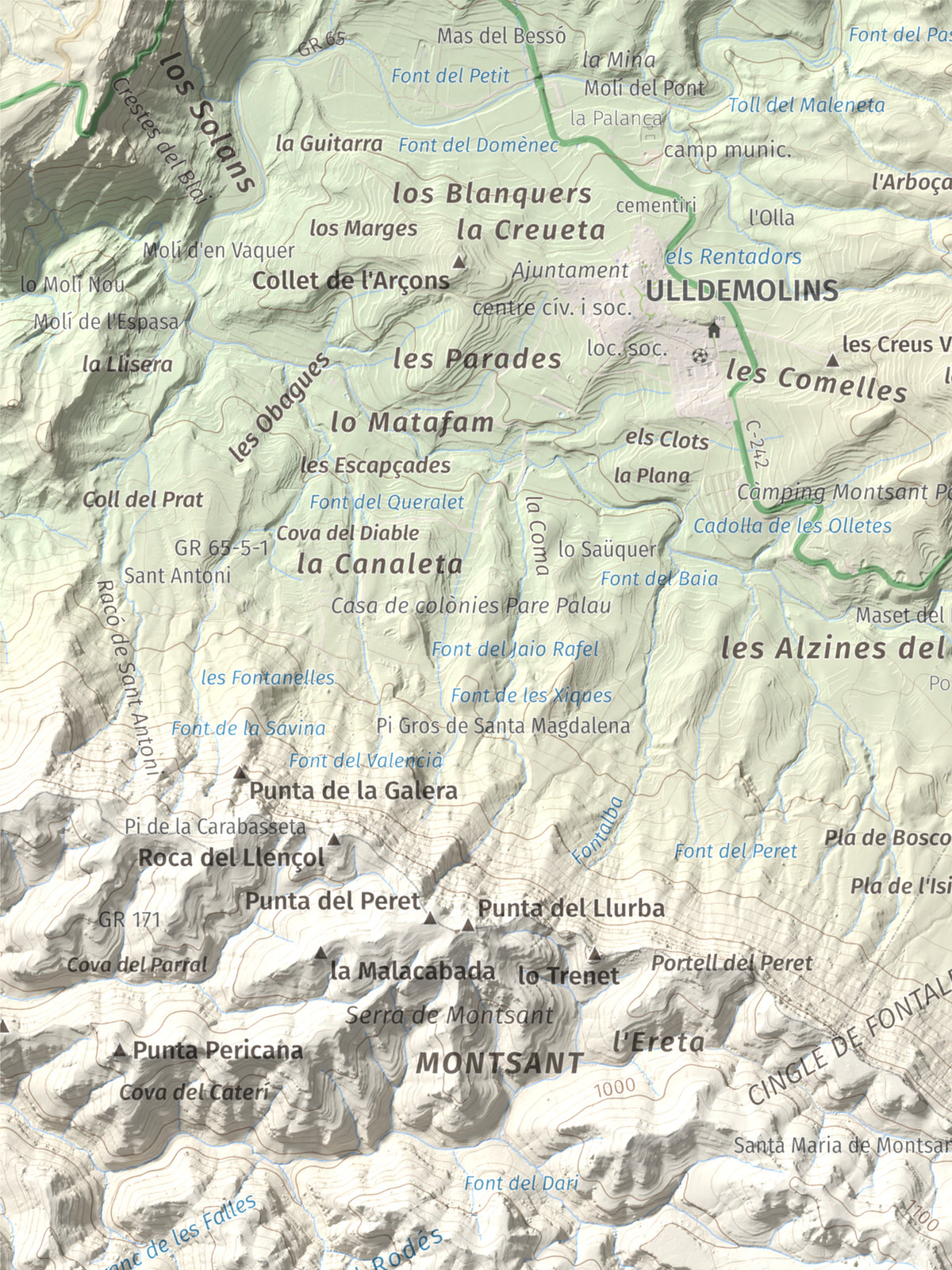 Mapa de relieve de Roca Corbatera, 1163 m, Priorat, lámina 100 Cims de Trobart. Detalle de la zona superior izquierda. 30 × 40 cm.