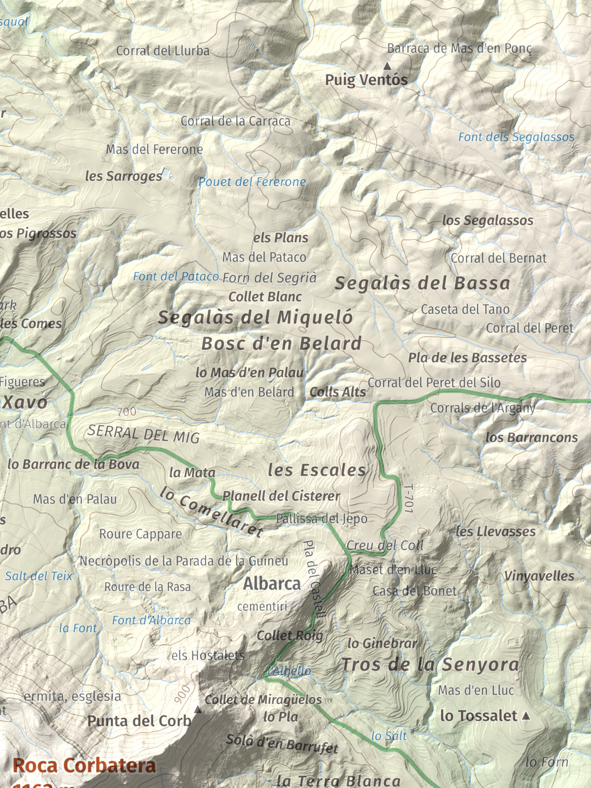 Mapa de relieve de Roca Corbatera, 1163 m, Priorat, lámina 100 Cims de Trobart. Detalle de la zona superior derecha. 30 × 40 cm.