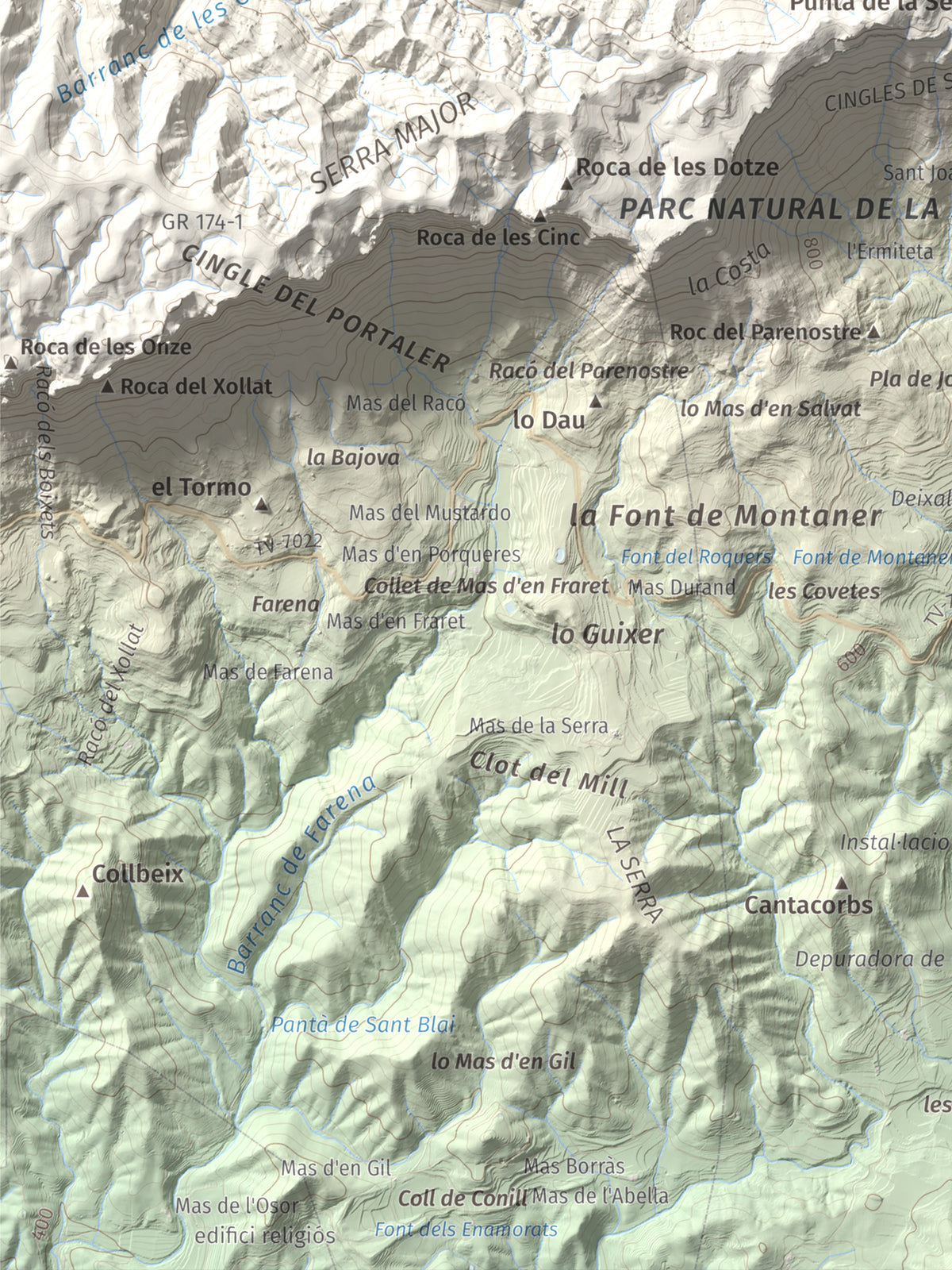 Mapa de relieve de Roca Corbatera, 1163 m, Priorat, lámina 100 Cims de Trobart. Detalle de la zona inferior izquierda. 30 × 40 cm.
