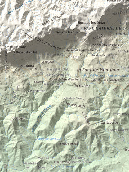 Mapa de relieve de Roca Corbatera, 1163 m, Priorat, lámina 100 Cims de Trobart. Detalle de la zona inferior izquierda. 30 × 40 cm.