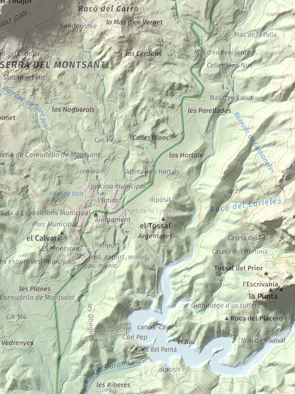Mapa de relieve de Roca Corbatera, 1163 m, Priorat, lámina 100 Cims de Trobart. Detalle de la zona inferior derecha. 30 × 40 cm.