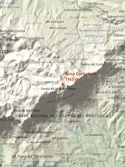 Mapa de relieve de Roca Corbatera, 1163 m, Priorat, lámina 100 Cims de Trobart. Detalle de la zona central. 30 × 40 cm.