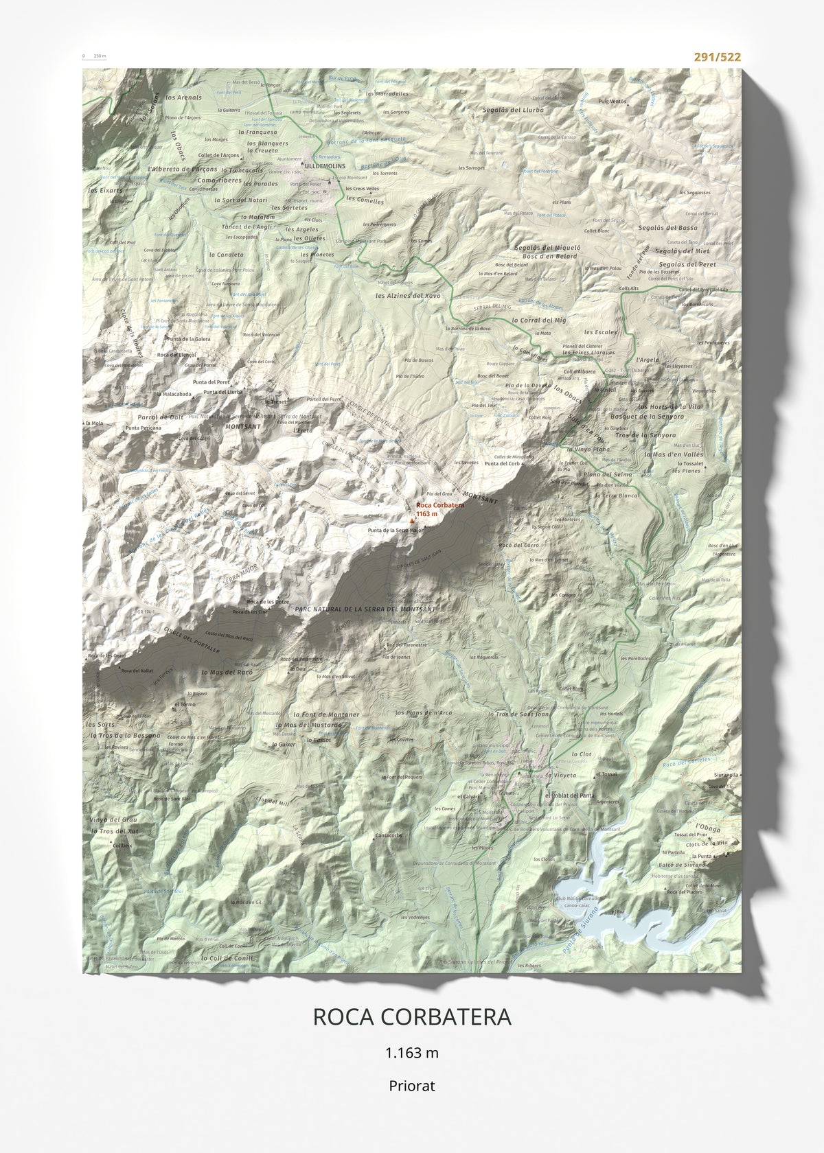 Mapa de relieve de Roca Corbatera, 1163 m, Priorat, lámina 100 Cims de Trobart 50 × 70 cm.
