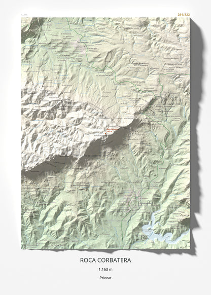 Mapa de relieve de Roca Corbatera, 1163 m, Priorat, lámina 100 Cims de Trobart 50 × 70 cm.