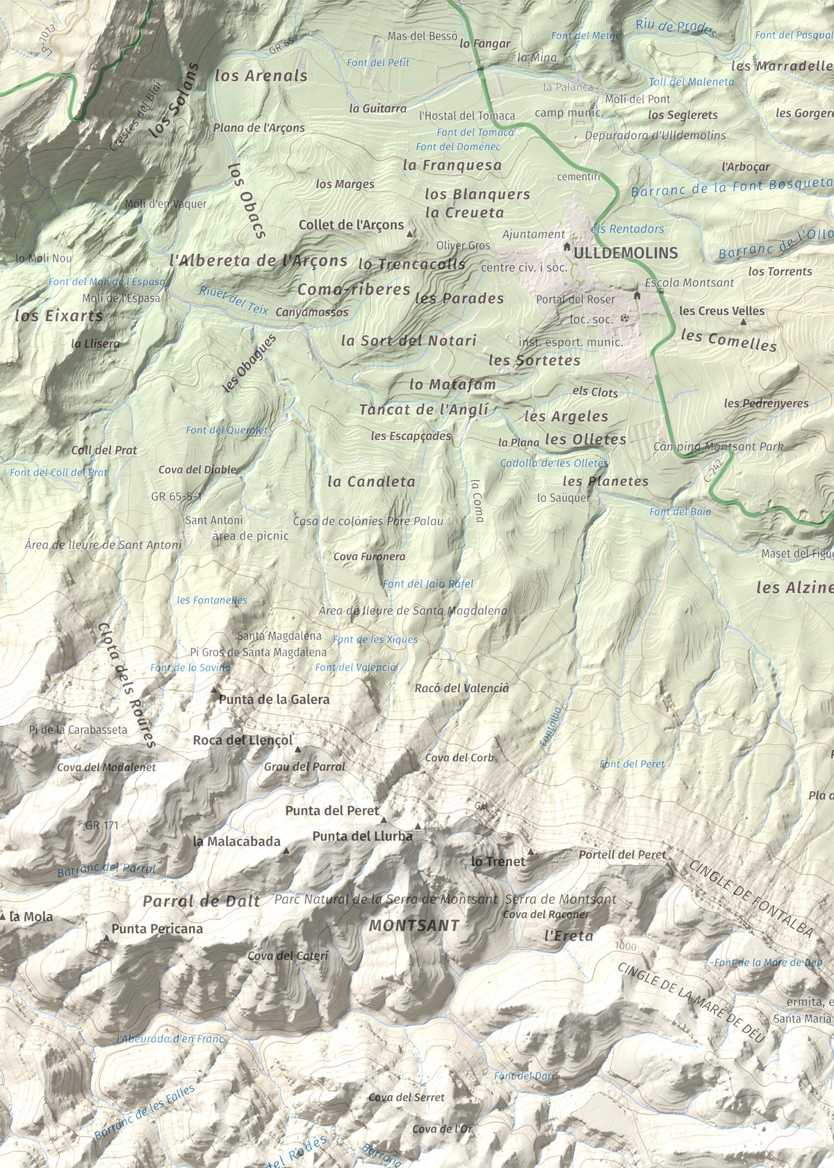 Mapa de relieve de Roca Corbatera, 1163 m, Priorat, lámina 100 Cims de Trobart. Detalle de la zona superior izquierda. 50 × 70 cm.