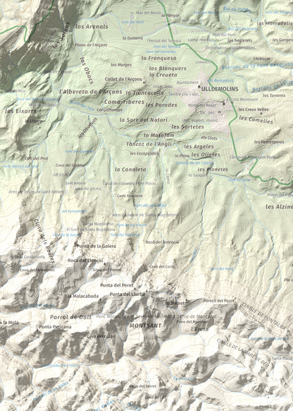 Mapa de relieve de Roca Corbatera, 1163 m, Priorat, lámina 100 Cims de Trobart. Detalle de la zona superior izquierda. 50 × 70 cm.