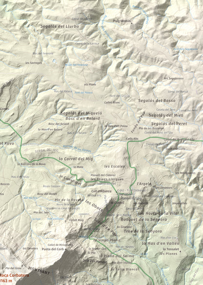 Mapa de relieve de Roca Corbatera, 1163 m, Priorat, lámina 100 Cims de Trobart. Detalle de la zona superior derecha. 50 × 70 cm.