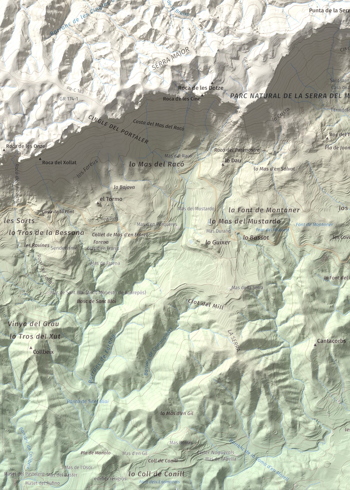 Mapa de relieve de Roca Corbatera, 1163 m, Priorat, lámina 100 Cims de Trobart. Detalle de la zona inferior izquierda. 50 × 70 cm.