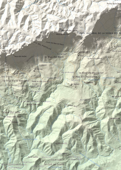 Mapa de relieve de Roca Corbatera, 1163 m, Priorat, lámina 100 Cims de Trobart. Detalle de la zona inferior izquierda. 50 × 70 cm.