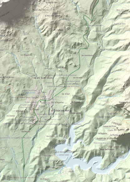 Mapa de relieve de Roca Corbatera, 1163 m, Priorat, lámina 100 Cims de Trobart. Detalle de la zona inferior derecha. 50 × 70 cm.