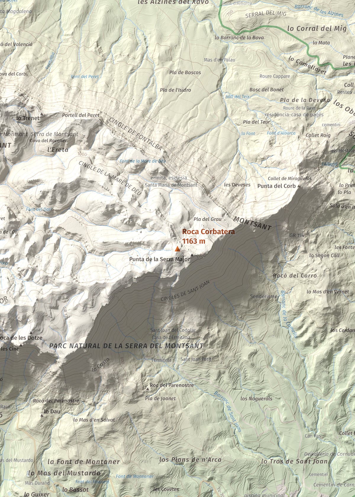 Mapa de relieve de Roca Corbatera, 1163 m, Priorat, lámina 100 Cims de Trobart. Detalle de la zona central. 50 × 70 cm.