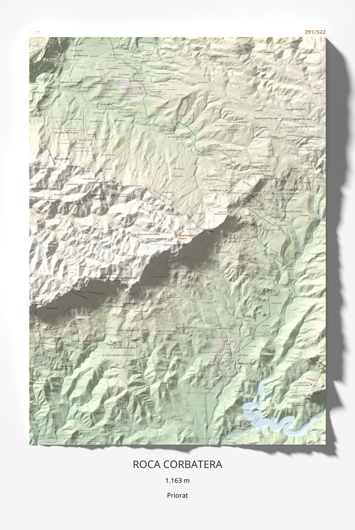 Mapa de relieve de Roca Corbatera, 1163 m, Priorat, lámina 100 Cims de Trobart 61 × 91 cm.
