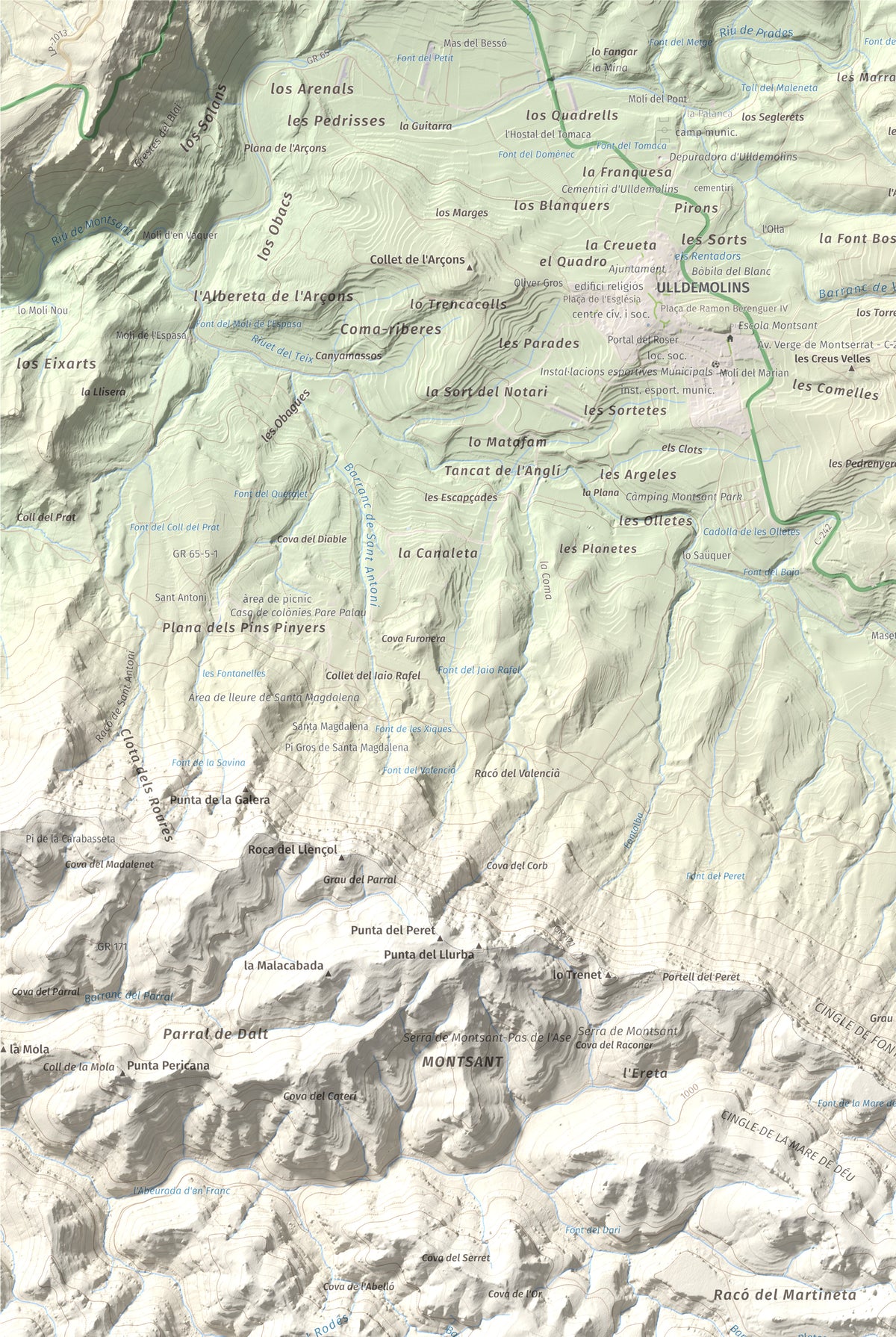 Mapa de relieve de Roca Corbatera, 1163 m, Priorat, lámina 100 Cims de Trobart. Detalle de la zona superior izquierda. 61 × 91 cm.